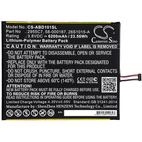 Amazon Kindle Fire HD 10.1, Kindle Fire HD 10.1 7th, SL056ZE Replacement Battery 6200mAh / 23.56Wh