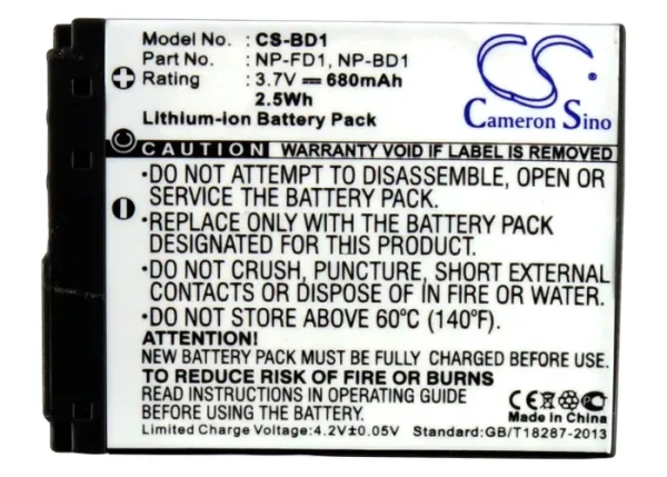 Sony Cyber-shot DSC-G3, Cyber-shot DSC-T2, Cyber-shot DSC-T2/B, Cyber-shot DSC-T2/G, Cyber-shot DSC-T2/L Series Replacement Battery 680mAh