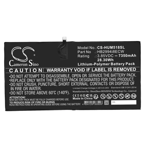 Huawei CMR-AL09, CMR-AL19, CMR-W09, MediaPad M5 10.8, MediaPad M5 Pro 10.8 Replacement Battery 7350mAh / 28.30Wh