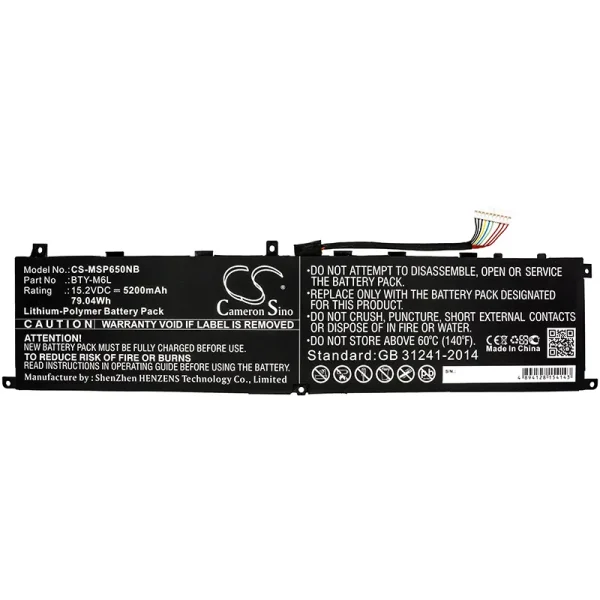 MSI GS65, GS65 Stealth Thin, GS65 Stealth Thin 9RE-051US, P65, P65 Creator 8RF, PS63 Series Replacement Battery 5200mAh / 79.04Wh