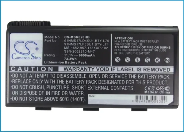 MSI A5000, A6005, A7200, CR500, CR600, CR600-001US, CR600-013US, CR600-017US Series Replacement Battery 6600mAh