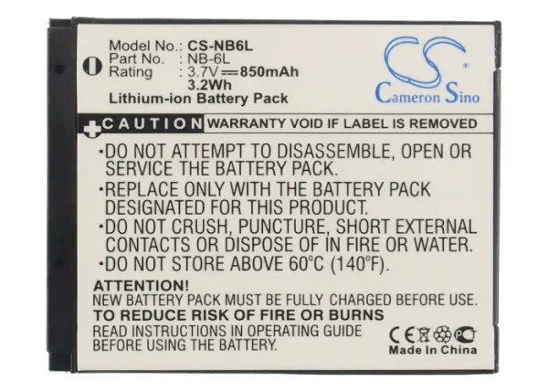 Canon Digital IXUS 200 IS, Digital IXUS 210, Digital IXUS 95 IS, IXUS 105, IXUS 105 IS, IXUS 210, IXUS 300 HS, IXUS 300HS Series Replacement Battery 850mAh / 3.15Wh