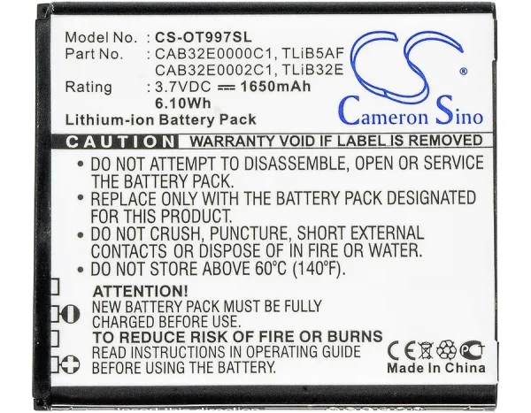 TCL J160, MW40, MW40CJ, MW40V, MW40VD Series Replacement Battery 1650mAh / 6.11Wh