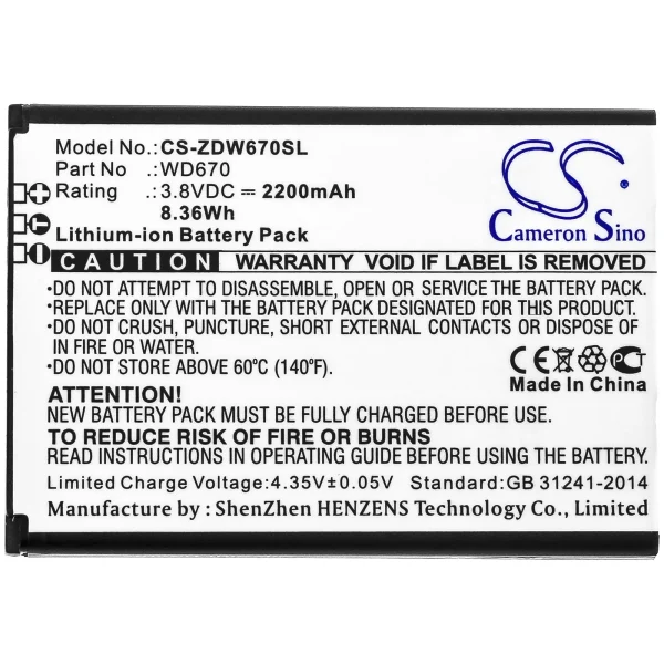 ZTE MF673, WD670 Series Replacement Battery 2200mAh / 8.36Wh